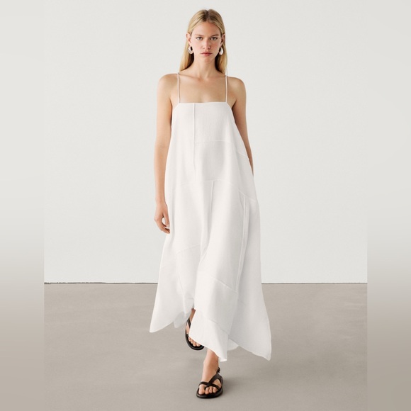 NWT Massimo Dutti‎ Linen Blend White Asymmetric Midi Dress Strappy Size M/L - Picture 1 of 10